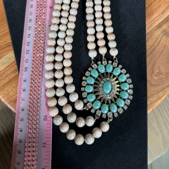 Statement Multi-Strand Beaded Necklace with Turquoise & Rhinestone Pendant - Picture 6 of 6